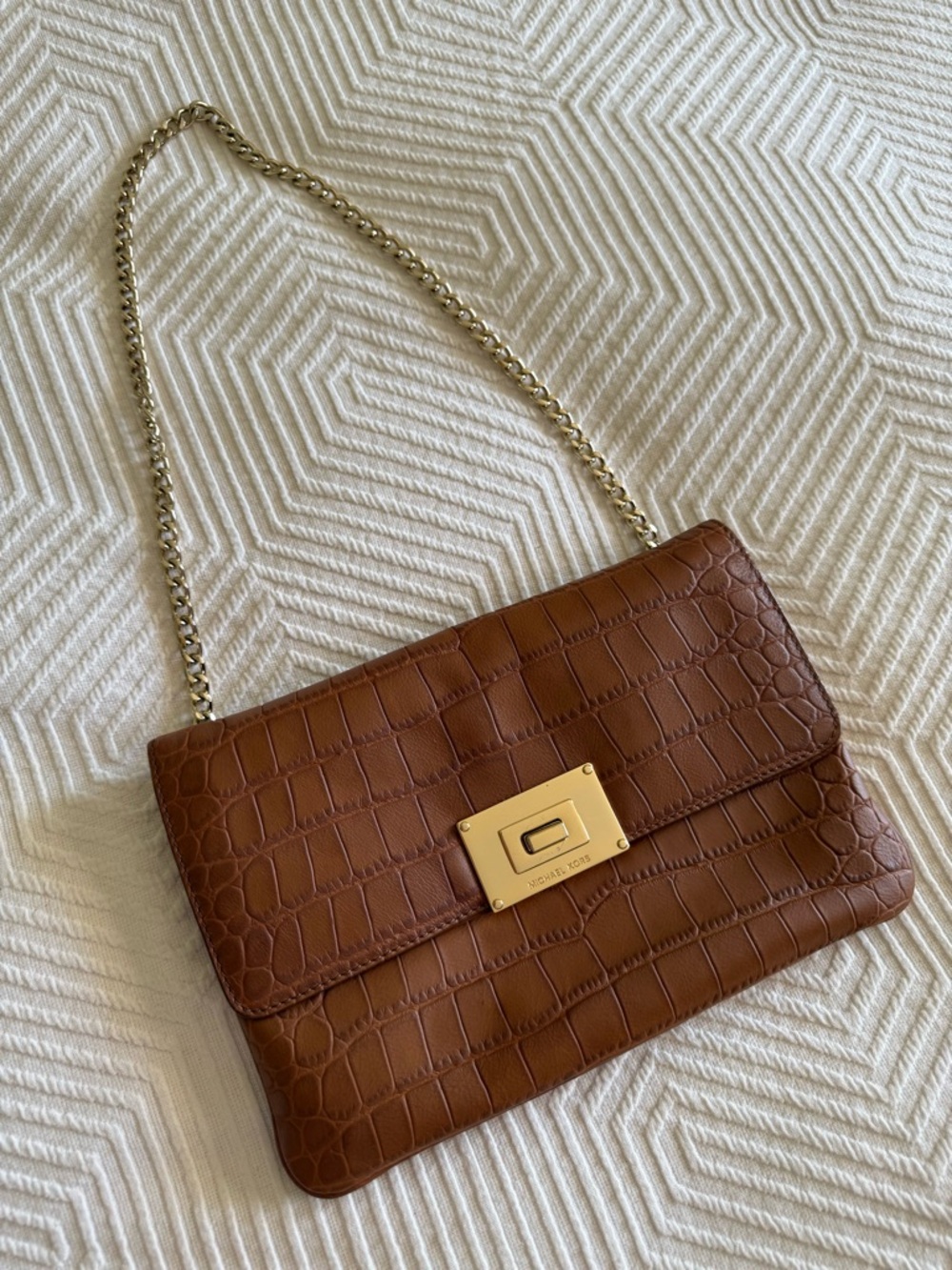 Michael Kors Brown Croc-Embossed Leather Shoulder Bag with Gold Hardware